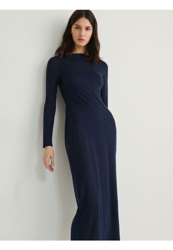 Reserved - Dwuwarstwowa sukienka z lyocellu - granatowy. Kolor: niebieski. Materiał: dzianina