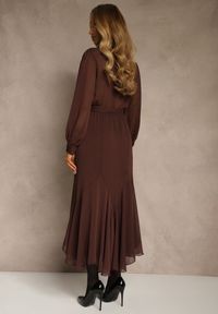 Renee - Brązowa Romantyczna Sukienka z Bufiastymi Rękawami i Falbanką z Koronki Sewmira. Kolor: brązowy. Materiał: koronka. Wzór: koronka. Styl: elegancki, rockowy #3