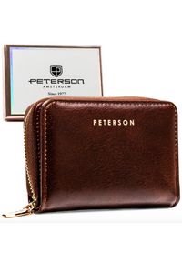 Brązowy portfel damski ze skóry ekologicznej wyposażony w system RFID - Peterson. Kolor: brązowy. Materiał: skóra ekologiczna. Wzór: aplikacja #1