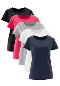 Shirt z okrągłym dekoltem (5 szt.), krótki rękaw bonprix różowy hibiskus + jasnoszary melanż + biały + czarny + ciemnoniebieski. Kolor: różowy. Materiał: jersey. Długość rękawa: krótki rękaw. Długość: krótkie. Wzór: melanż #1