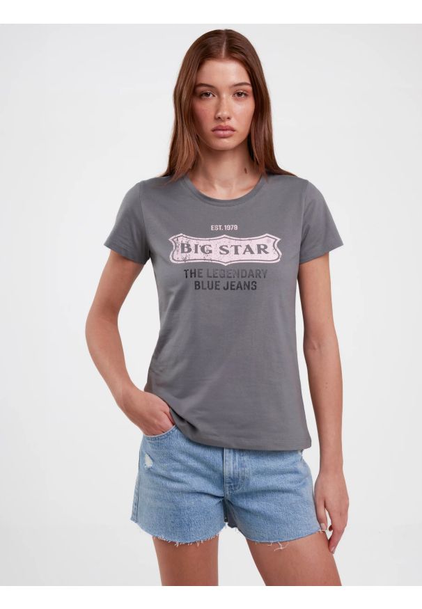 Big-Star - Koszulka damska z nadrukiem na piersi z kolekcji Authentic szara Rissmelna 905. Kolor: szary. Materiał: jeans, dzianina. Wzór: nadruk. Styl: retro
