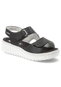 Sandały damskie Rieker, cholewka ze skóry naturalnej regulowane paski na rzepy odkryty fason, czarne, V1382-00. Okazja: na co dzień. Zapięcie: rzepy. Kolor: czarny. Materiał: skóra. Wzór: paski. Sezon: lato. Styl: casual, klasyczny, elegancki #1