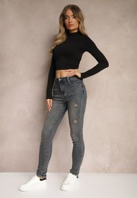 Renee - Granatowe Jeansy Skinny High Waist Wykończone Przetarciami Nevelisa. Okazja: na co dzień. Stan: podwyższony. Kolor: niebieski. Wzór: aplikacja. Styl: sportowy, casual, elegancki #4