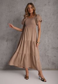 Renee - Beżowa Sukienka z Wiskozy o Rozkloszowanym Kroju z Bufiastymi Rękawkami Rosena. Kolor: beżowy. Materiał: wiskoza. Długość rękawa: krótki rękaw. Sezon: lato. Typ sukienki: rozkloszowane. Długość: maxi #7