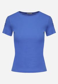 Born2be - Niebieski Bawełniany T-shirt z Ażurową Wstawką Elvinna. Kolor: niebieski. Materiał: bawełna. Wzór: ażurowy #3
