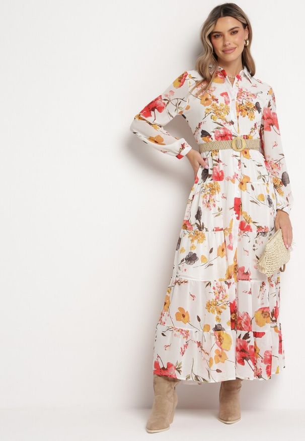 Born2be - Biała Sukienka Doreris. Okazja: na co dzień. Kolor: biały. Materiał: tkanina. Wzór: kolorowy, kwiaty. Typ sukienki: koszulowe, proste. Styl: casual, klasyczny. Długość: maxi