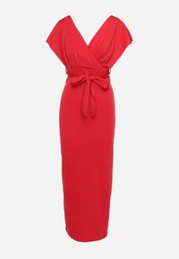 Born2be - Czerwona Wieczorowa Sukienka z Kopertowym Dekoltem i Rozcięciem z Materiałowym Paskiem Vorni. Okazja: na co dzień. Kolor: czerwony. Materiał: materiał. Typ sukienki: kopertowe. Styl: wizytowy #4