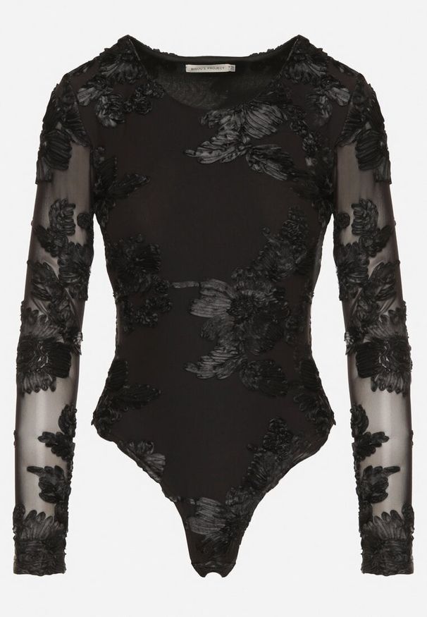 Born2be - Czarne Koronkowe Body Ozdobione Przezroczystymi Rękawami Estania. Okazja: na co dzień. Kolor: czarny. Materiał: koronka. Wzór: aplikacja. Styl: casual