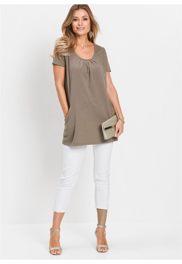 bonprix - Długi shirt z wiskozą. Kolor: brązowy. Materiał: wiskoza. Długość: długie