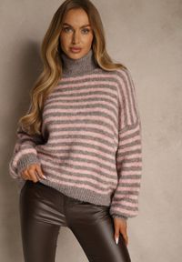 Renee - Szaro-Różowy Golf z Dodatkiem Wełny Ozdobiony Paskami Monarria. Okazja: na co dzień. Typ kołnierza: golf. Kolor: szary. Materiał: wełna. Wzór: aplikacja. Styl: casual, elegancki #1