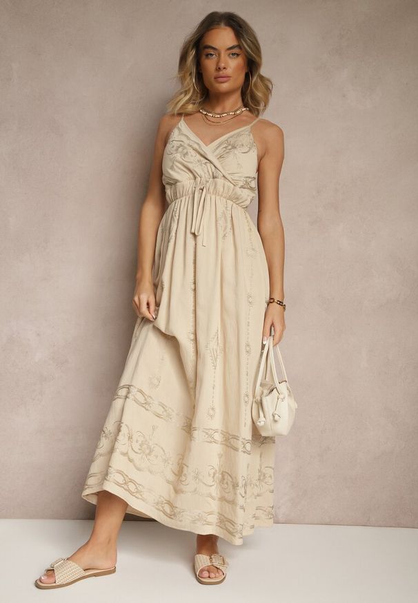 Renee - Beżowa Wiskozowa Sukienka o Rozkloszowanym Kroju na Ramiączkach z Haftem Uloranelia. Okazja: na co dzień. Typ kołnierza: dekolt w kształcie V. Kolor: beżowy. Materiał: wiskoza. Długość rękawa: na ramiączkach. Wzór: haft. Typ sukienki: rozkloszowane. Styl: casual