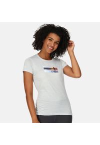 Regatta - Fingal VII damska turystyczna koszulka z krótkim rękawem. Kolor: biały, wielokolorowy, niebieski. Materiał: tkanina. Długość rękawa: krótki rękaw. Długość: krótkie. Sport: turystyka piesza