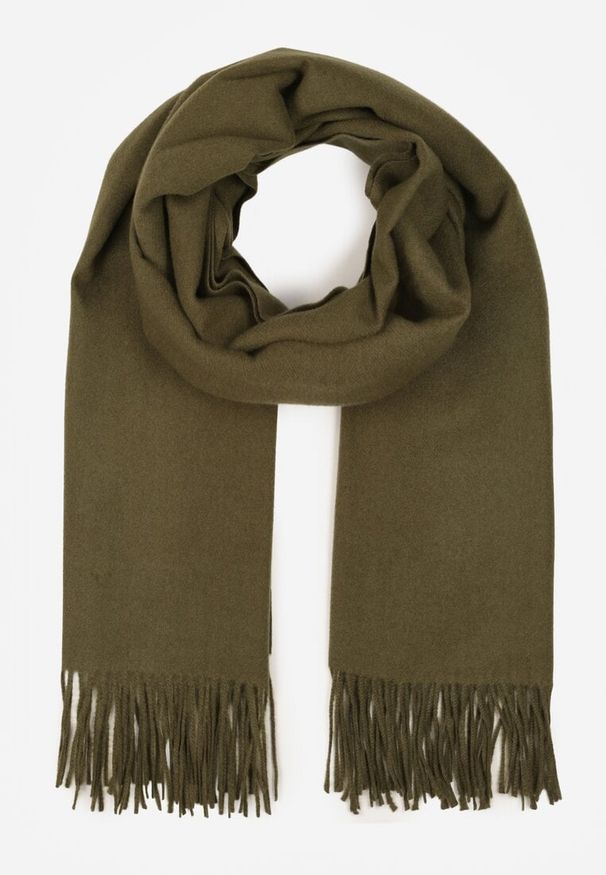 Born2be - Ciemnozielony Szalik z Bawełną i Wiskozą Ozdobiony Frędzlami Siadortia. Okazja: na co dzień, na spotkanie biznesowe. Kolor: zielony. Materiał: wiskoza, bawełna. Wzór: aplikacja. Styl: klasyczny, casual, biznesowy, elegancki