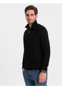 Ombre Clothing - Dzianinowy sweter męski z rozpinaną stójką - czarny V3. Typ kołnierza: kołnierzyk stójkowy. Kolor: czarny. Materiał: dzianina #5