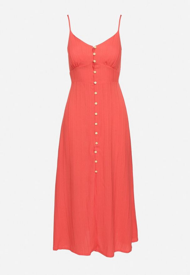 Born2be - Czerwona Sukienka na Cienkich Regulowanych Ramiączkach Zapinana na Guziki Palfea. Kolor: czerwony. Długość rękawa: na ramiączkach. Wzór: aplikacja. Styl: elegancki