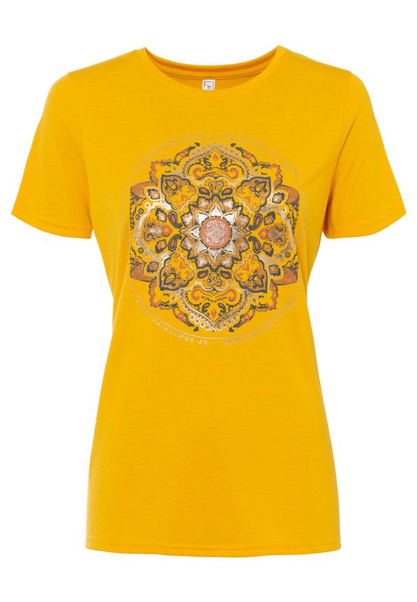 T-shirt z nadrukiem bonprix żółty szafranowy. Kolor: żółty. Wzór: nadruk