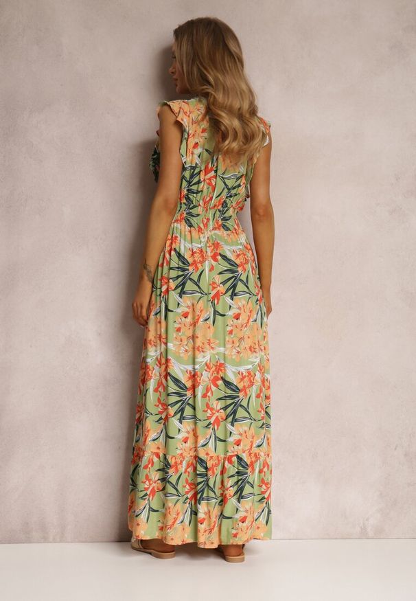 Renee - Zielona Sukienka z Wiskozy Biran. Typ kołnierza: kołnierz z falbankami. Kolor: zielony. Materiał: wiskoza. Wzór: aplikacja. Sezon: lato. Typ sukienki: kopertowe. Długość: maxi