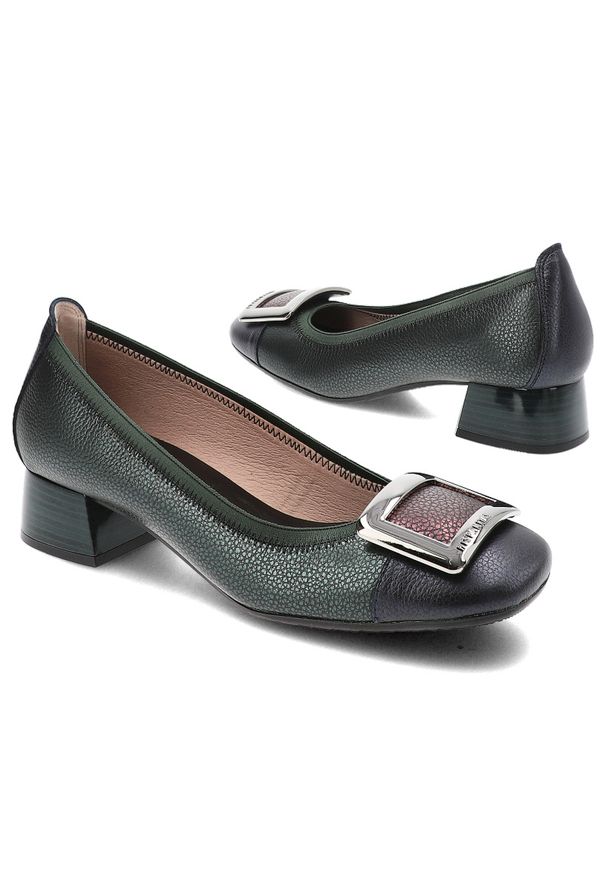 Zielone Półbuty Hispanitas Eleganckie Obuwie Damskie. Okazja: na co dzień. Zapięcie: klamry. Kolor: zielony. Materiał: skóra. Obcas: na obcasie. Styl: elegancki. Wysokość obcasa: średni