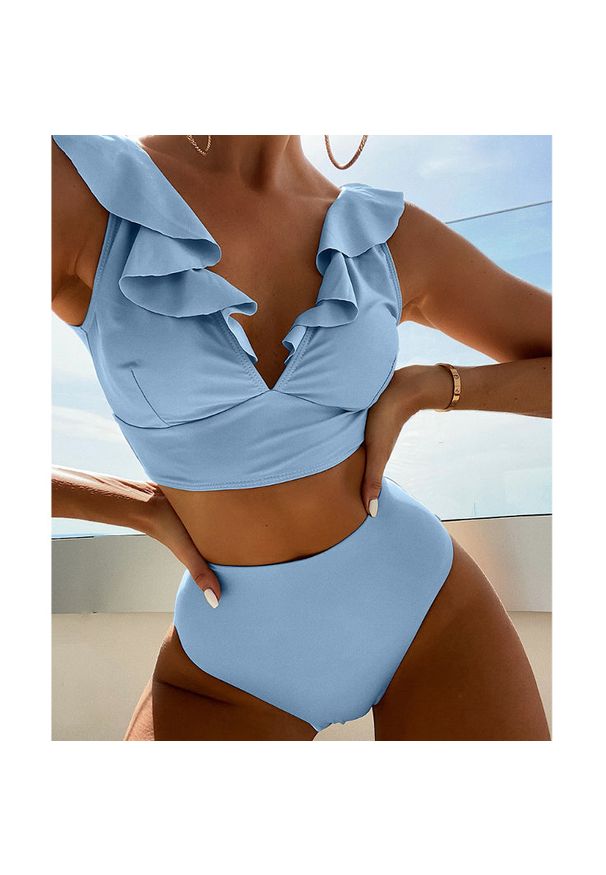 Intica - Dwuczęściowy strój kąpielowy z falbankami i wysoką talią Iolanthe. Kolor: niebieski. Materiał: materiał