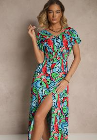Renee - Niebieska Sukienka z Bawełny w Abstrakcyjny Wzór Emisienna. Okazja: na imprezę. Kolor: niebieski. Materiał: bawełna. Sezon: lato. Styl: elegancki