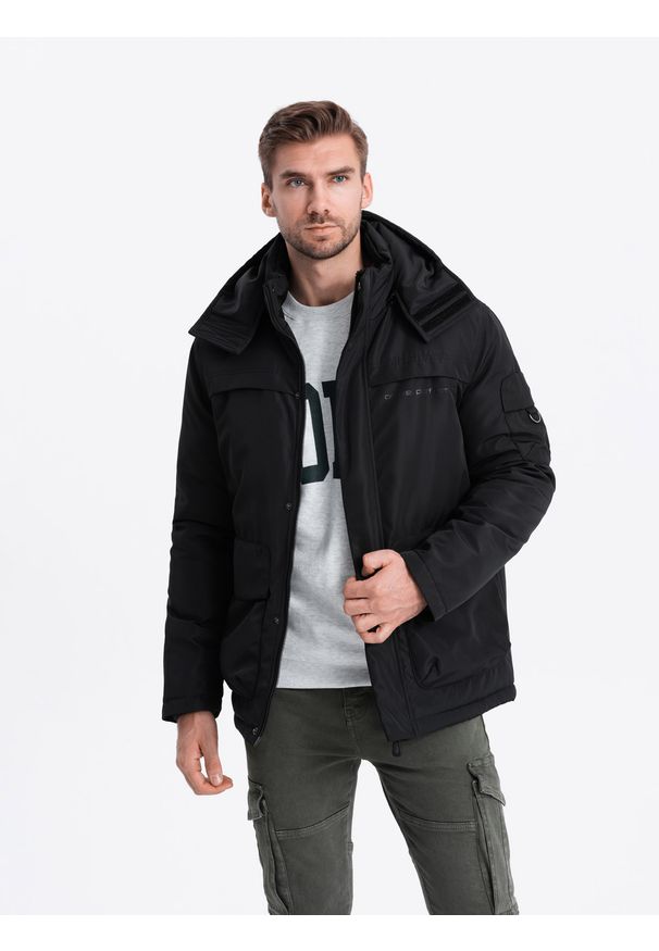 Ombre Clothing - Kurtka męska ocieplana z kapturem - czarna V5 - Rozmiar: XL. Typ kołnierza: kaptur. Kolor: czarny. Materiał: poliester