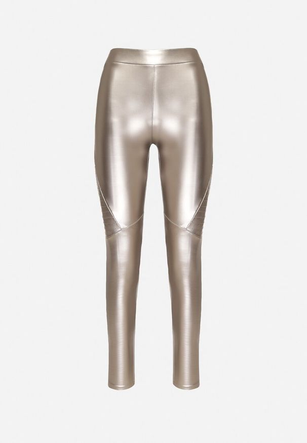 Born2be - Srebrne Ocieplane Spodnie z Imitacji Skóry o Dopasowanym Kroju z Wysokim Stanem Rivaki. Okazja: na co dzień. Stan: podwyższony. Kolor: srebrny. Materiał: skóra. Styl: casual, elegancki