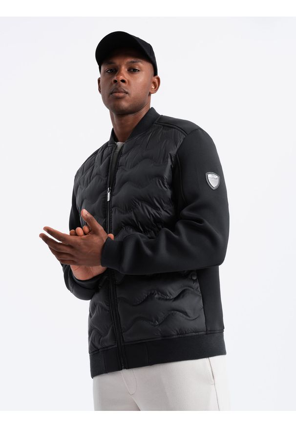 Ombre Clothing - Męska kurtka bomberka z pikowanym wzorem – czarna V1 - Rozmiar: L. Typ kołnierza: kołnierzyk stójkowy. Kolor: czarny. Materiał: poliester, materiał, syntetyk. Wzór: nadruk, aplikacja. Styl: elegancki, sportowy