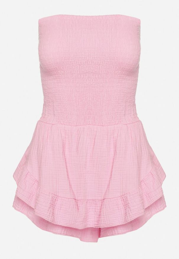 Born2be - Różowy Kombinezon z Bawełny z Elastyczną Gumką w Talii i Falbanką Olialia. Okazja: na spacer. Kolor: różowy. Materiał: bawełna. Sezon: lato