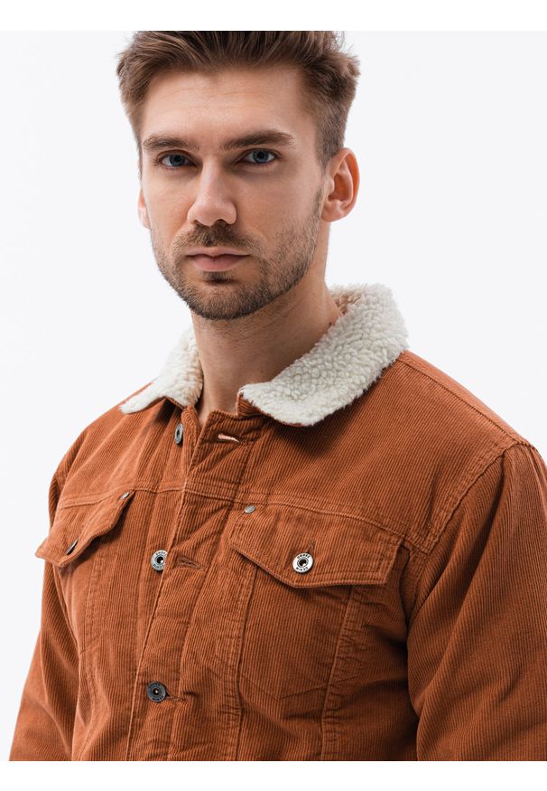 Ombre Clothing - Kurtka męska sztruksowa typu sherpa C524 - brązowa - XXL. Kolor: brązowy. Materiał: sztruks. Sezon: zima, jesień. Styl: klasyczny