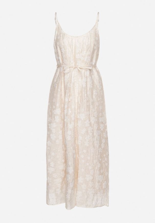 Born2be - Beżowa Sukienka na Regulowanych Ramiączkach Ozdobiona Cyrkoniami z Materiałowym Paskiem Selolia. Okazja: na co dzień. Typ kołnierza: dekolt w kształcie V. Kolor: beżowy. Materiał: materiał. Długość rękawa: na ramiączkach. Wzór: aplikacja. Typ sukienki: proste. Styl: casual