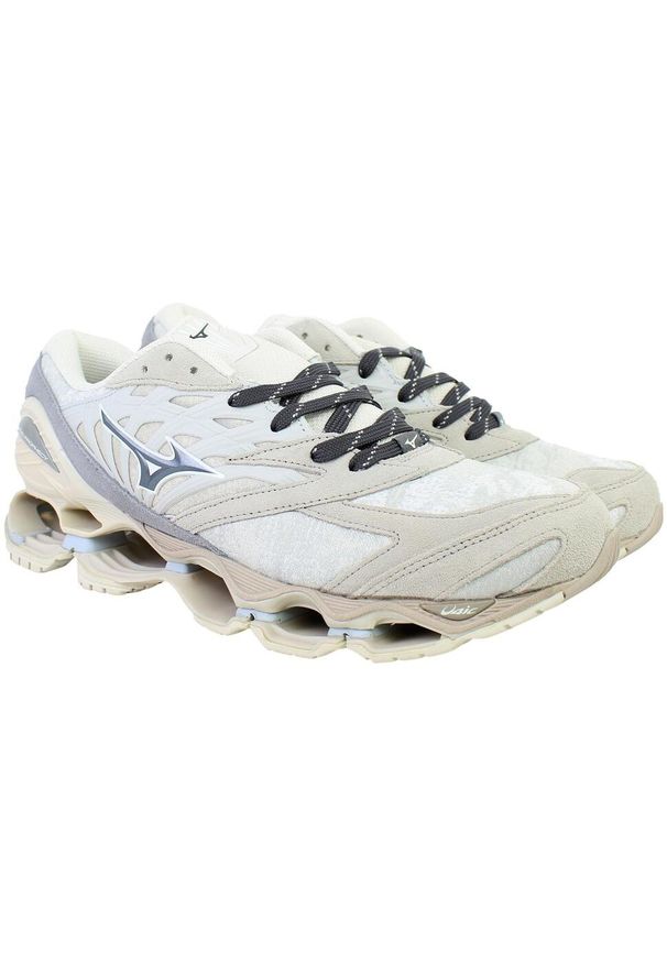 Buty sportowe Mizuno z niebieskiej skóry. Kolor: szary, niebieski, wielokolorowy. Materiał: skóra. Sezon: lato. Sport: bieganie, fitness