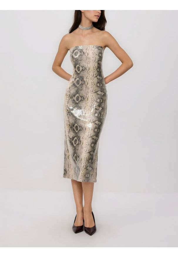 Reserved - Sukienka midi w zwierzęcy wzór - wielobarwny. Materiał: dzianina. Wzór: motyw zwierzęcy. Długość: midi