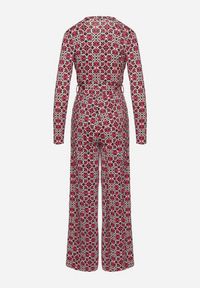 Born2be - Fuksjowy Wzorzysty Kombinezon z Długim Rękawem i Szerokimi Spodniami z Wiązaniem w Pasie Vilati. Kolor: różowy. Długość rękawa: długi rękaw. Długość: długie. Wzór: geometria. Styl: elegancki #5