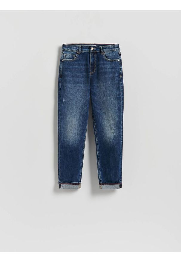 Reserved - Jeansy Boyfriend - granatowy. Kolor: niebieski