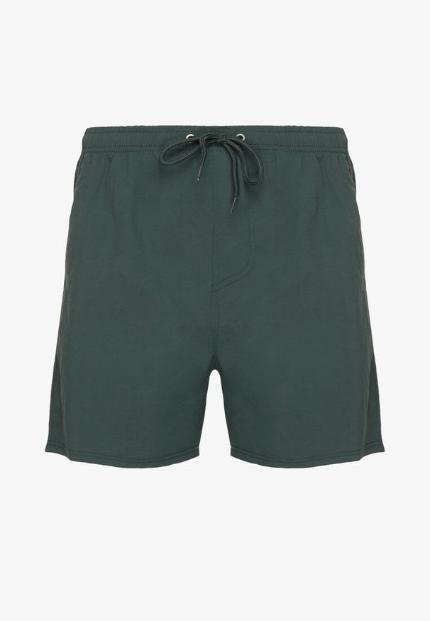 Born2be - Ciemnozielone Klasyczne Kąpielówki Szorty z Wiązaniem i Kieszeniami Foleona. Kolor: zielony. Materiał: len