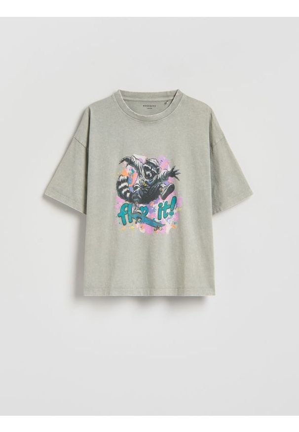 Reserved - Bawełniany t-shirt z nadrukiem - jasnoszary. Kolor: szary. Materiał: bawełna. Wzór: nadruk
