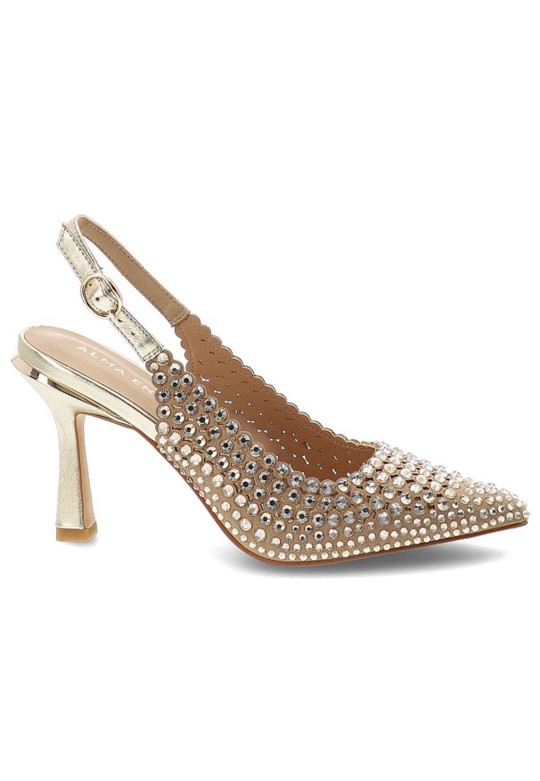 Czółenka damskie Alma En Pena, materiałowa cholewka ozdobne kryształki pasek z regulacją smukły nosek elegancki obcas złoty kolor wizytowy styl, złot. Okazja: na ślub cywilny, na imprezę, na wesele. Zapięcie: pasek. Kolor: złoty. Szerokość cholewki: normalna. Wzór: aplikacja. Materiał: materiał. Obcas: na obcasie. Styl: elegancki, wizytowy. Wysokość obcasa: średni