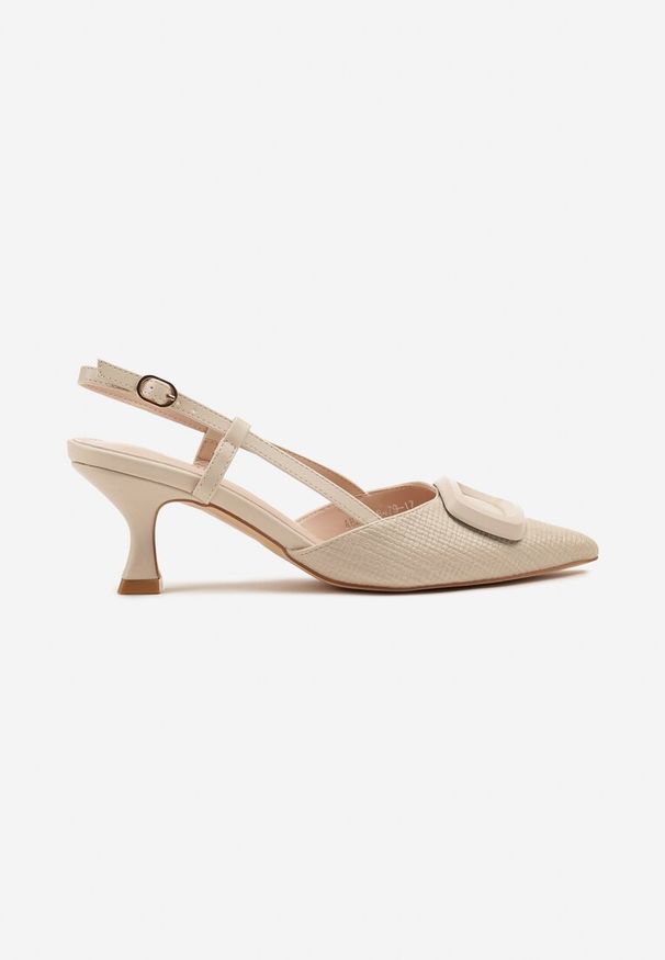 Renee - Beżowe Sandały Tweedowe na Kaczuszce Slingback Ozdobione Aplikacją Rosaviela. Okazja: na co dzień, na imprezę. Zapięcie: sprzączka. Kolor: beżowy. Wzór: aplikacja. Sezon: wiosna, lato. Obcas: na szpilce. Styl: elegancki, casual. Wysokość obcasa: średni