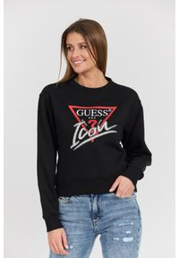 Guess - GUESS Czarna damska bluza Icon z dużym logo, Rozmiar L. Okazja: na co dzień. Kolor: czarny. Materiał: materiał, poliester, bawełna. Długość rękawa: długi rękaw. Długość: długie. Styl: casual