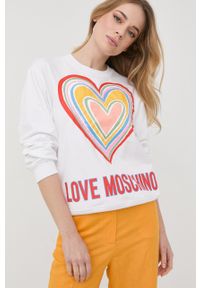 Love Moschino bluza damska kolor biały z nadrukiem. Okazja: na co dzień. Kolor: biały. Materiał: dzianina. Długość rękawa: długi rękaw. Długość: długie. Wzór: nadruk. Styl: casual