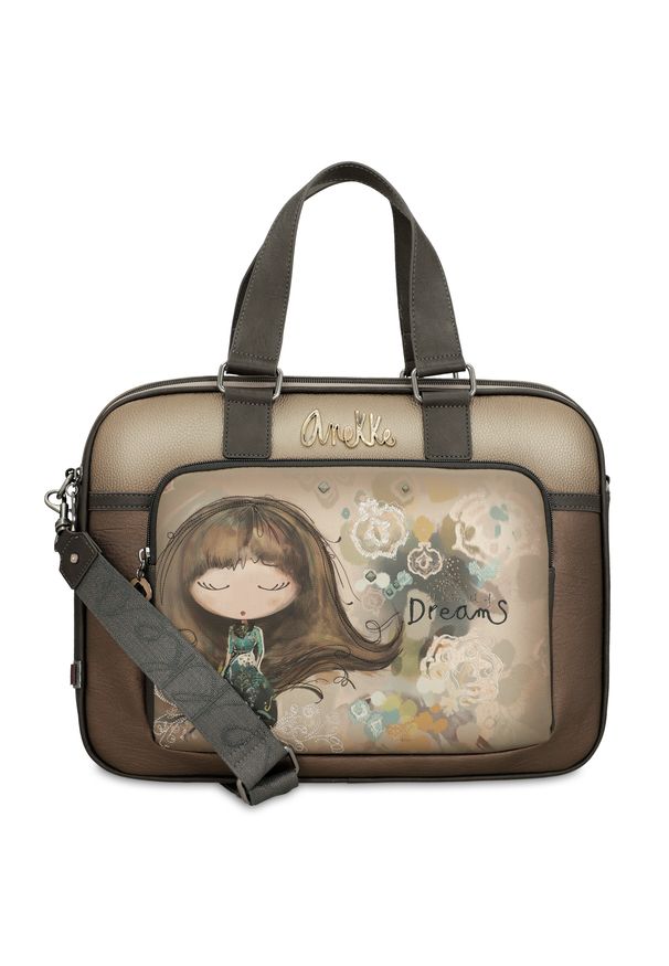 Brązowa Aktówka Anekke Elegancka Damska Torba Na Laptopa. Kolor: brązowy. Wzór: haft, napisy. Styl: elegancki