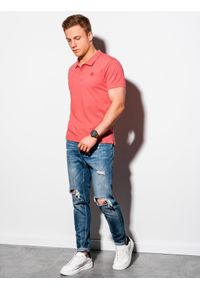 Ombre Clothing - Koszulka męska polo z dzianiny pique - różowy V7 S1374 - XXL. Typ kołnierza: polo. Kolor: różowy. Materiał: dzianina. Wzór: haft. Styl: klasyczny