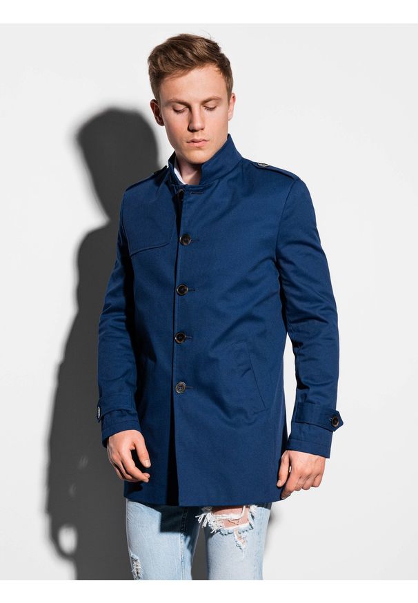 Ombre Clothing - Płaszcz męski wiosenny C269 - granatowy - XXL. Typ kołnierza: kołnierzyk stójkowy. Kolor: niebieski. Materiał: bawełna, poliester. Sezon: wiosna. Styl: elegancki