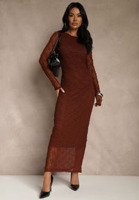 Renee - Brązowa Koronkowa Sukienka Typu Longsleeve o Dopasowanym Kroju Zenoresa. Kolor: brązowy. Materiał: koronka. Długość rękawa: długi rękaw. Typ sukienki: oversize. Styl: elegancki #3