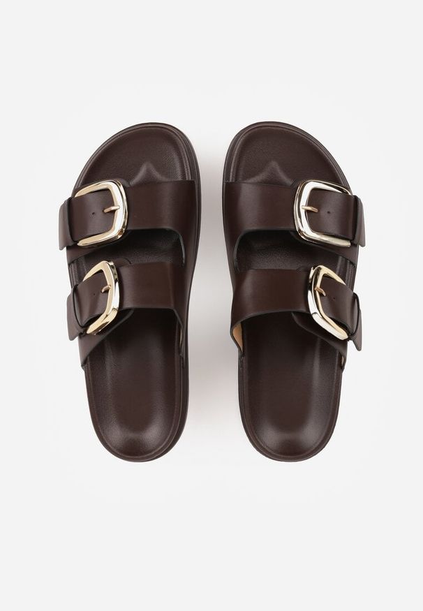 Renee - Ciemnobrązowe Klapki z Metalicznymi Klamrami Aetheta. Okazja: na spacer. Kolor: brązowy