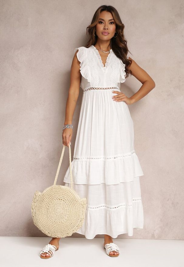 Renee - Biała Rozkloszowana Sukienka z Falbankami i Koronką Apoline. Typ kołnierza: kołnierz z falbankami. Kolor: biały. Materiał: koronka. Wzór: koronka