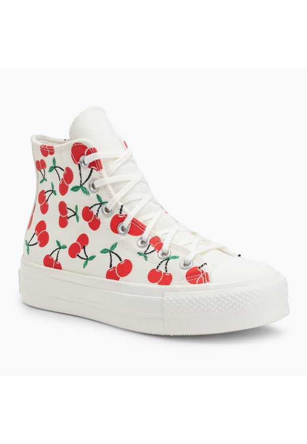 Trampki damskie Converse Chuck Taylor All Star Lift Platform Cherries Hi. Kolor: czerwony, beżowy, wielokolorowy. Obcas: na platformie. Model: Converse All Star. Sport: turystyka piesza