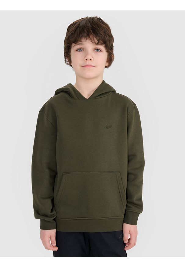 4f - 4F Bluza dresowa nierozpinana z kapturem chłopięca - khaki 152 (11-12 lat). Okazja: na co dzień. Typ kołnierza: kaptur. Kolor: oliwkowy, brązowy, wielokolorowy. Materiał: dresówka. Wzór: gładki, ze splotem. Sezon: lato. Styl: sportowy, casual