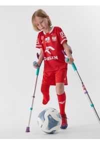 4f - 4F Koszulka replika wyjazdowa AMP Futbol dziecięca - czerwona 146/152 (10-12 lat). Kolor: wielokolorowy. Materiał: dzianina, włókno, materiał, syntetyk. Długość rękawa: raglanowy rękaw. Wzór: gładki, nadruk, ze splotem. Sezon: lato. Sport: piłka nożna