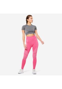 DOMYOS - Legginsy fitness damskie Domyos 900. Stan: podwyższony. Kolor: różowy. Materiał: poliamid, poliester, elastan, materiał. Sport: fitness